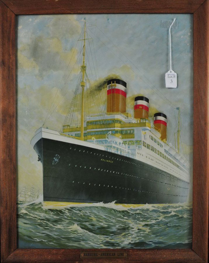 Framed lithograph of a steamship: "Reliance" plaque on front Hamburg-American line. Appears three stacks are hand painted, signed by Fred J. Haertz. 23 x 17. Frame 26 x 20.