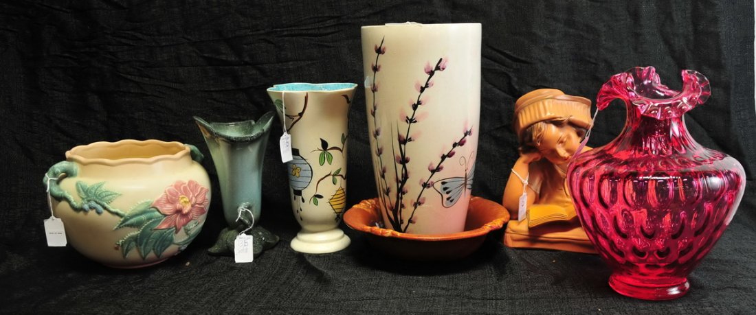 Collection of misc pottery and glass ware.: Lennox collection 2 bowls, platter with gold trim, Gerber Daisy vase, silver in color "Giving Heart". Pair of hand painted artist signed vintage vases, c. 1950's. 13 1/2" H and 10 1/4" H. Misc glass/p