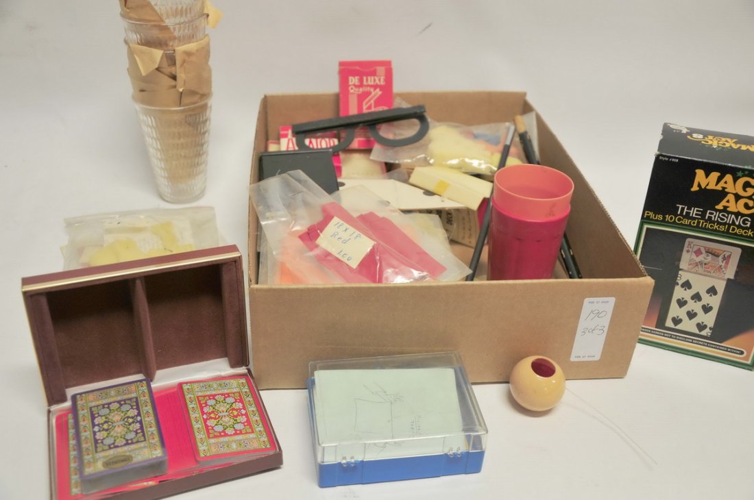 Three Boxes of Magician's Props and Tricks: Cards and more