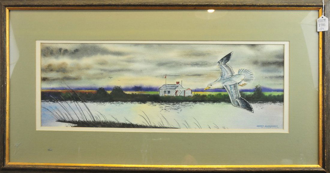 Two watercolors an etching and a print: Etching of an artist proof entitled "Sea Grass" pencil signed William Auclair in lower right hand corner. 18 x 12 lower right hand corner Henry Alexander. Watercolor artist signed, Waterway of seagull