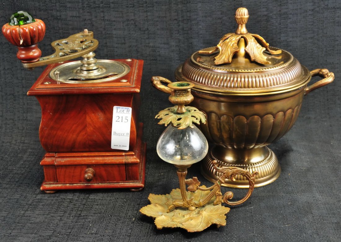 Three Vintage Items: Coffee Grinder, Oil Lamp and Covered Urn