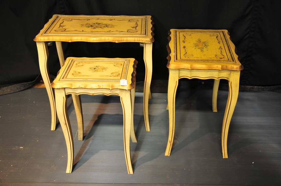 Set of three nesting tables: contemporary, French Provincial, 22" H x 23" W x 15" D, 21" H x 18" W x 13" D and 20" H x 14" W x 10" D.