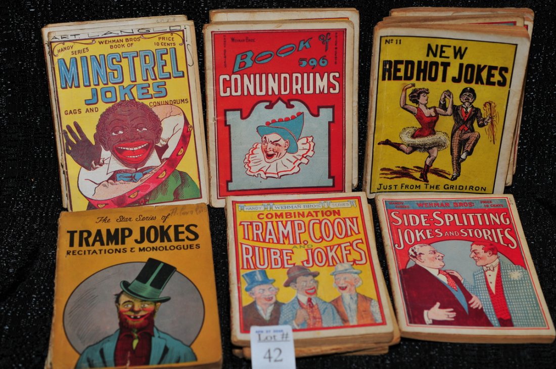 19 Joke books c. 1915's -1920's: 17 with covers, 2 without. Depicting colorful characters to include: Hebrew jokes, coon jokes, Irish yarns, minstrel, etc. Good collection!