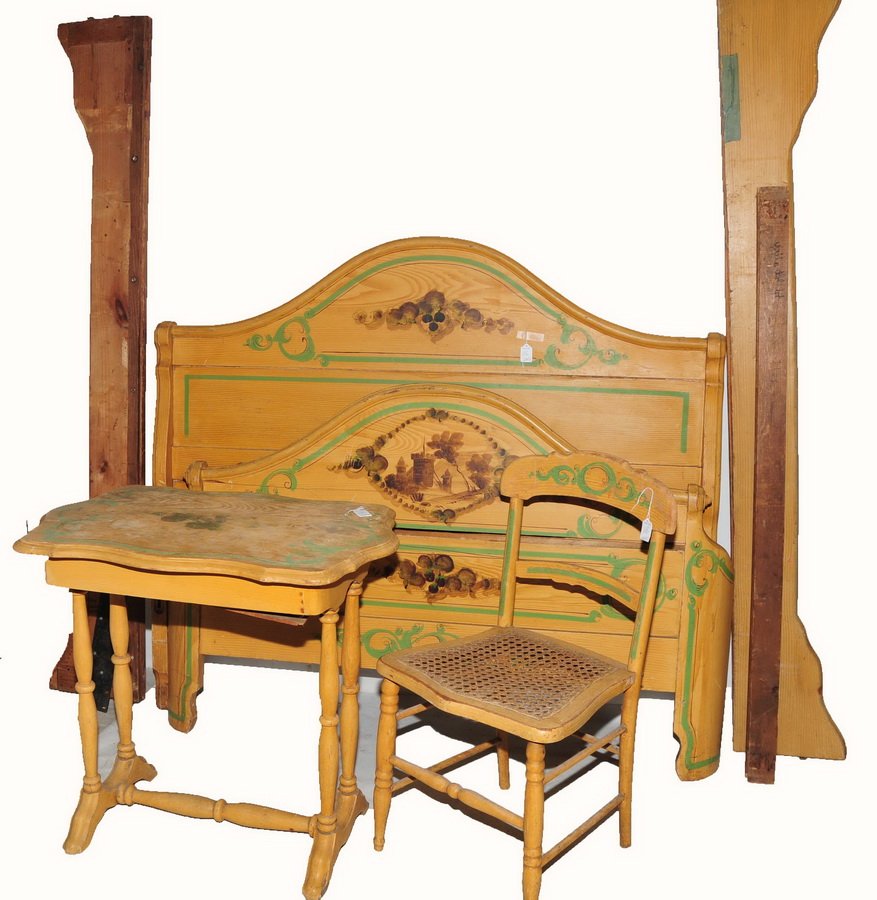 Four piece cottage pine bedroom set: Hand Painted headboard 41 x 55 x 4, footboard 27 x 55 x 8, dresser 17 x 38 x 34, side stand 18 x 29 x 27, mirror on top on bureau 10 x 35 x 21, chair.