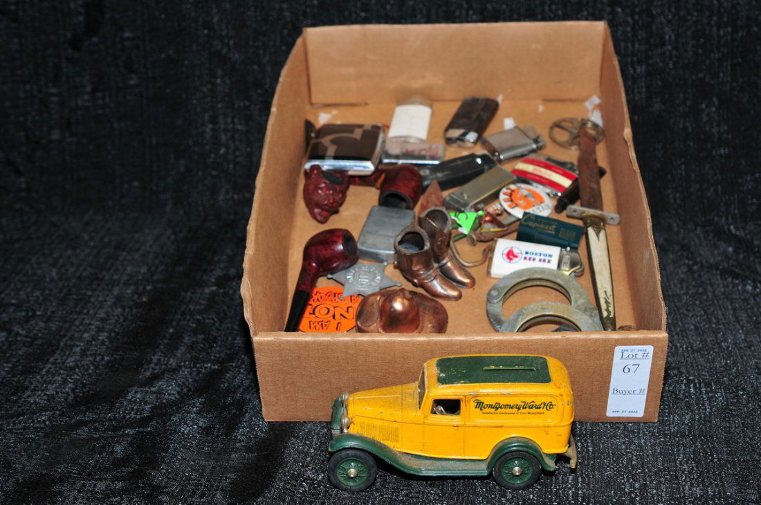 Collection of smalls: Lighters: Winston, Boston Red Sox, Swiss made Oreflam, W.L. Blake & Co, Portland, ME, lighter that holds cigarettes, pipes, pins, small bronze boots and cowboy hat, pieces and more. Nice old collectio