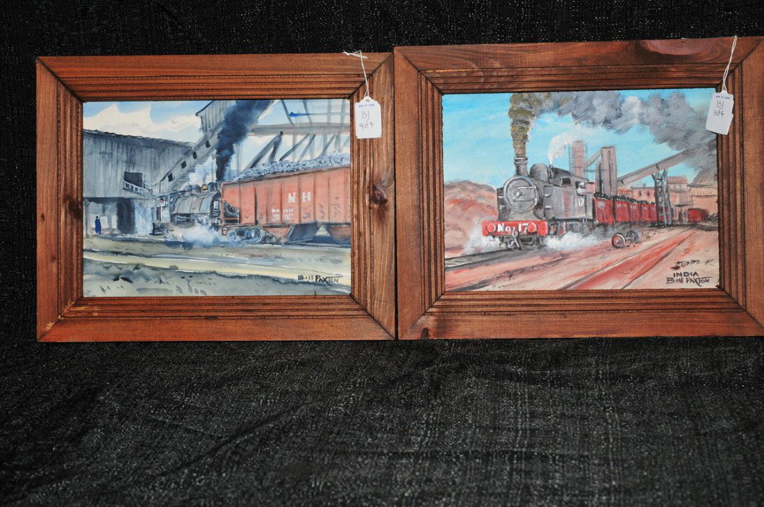 Collection of four signed Bill Paxton framed: colorful watercolor paintings to include: two train scenes "Eastern Coal Fields, in Bengal India 1947", "New Haven Trap Rock at North Branford Conn, 1956" 11 x 8 and two harbor scenes "Maine Coast, 19