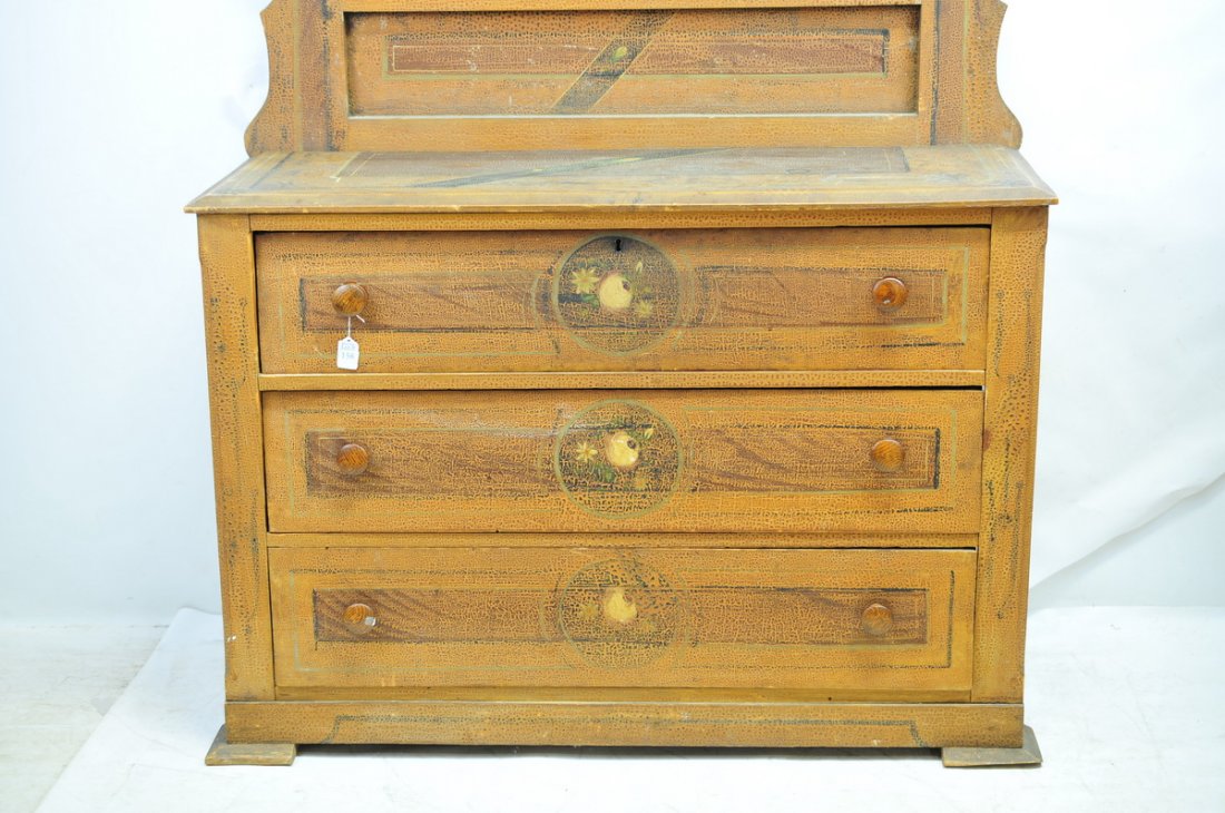 Three drawer cottage pine chest with mirror: Hand painted oil on board in top of mirror, from old Maine barn, distressed look,
