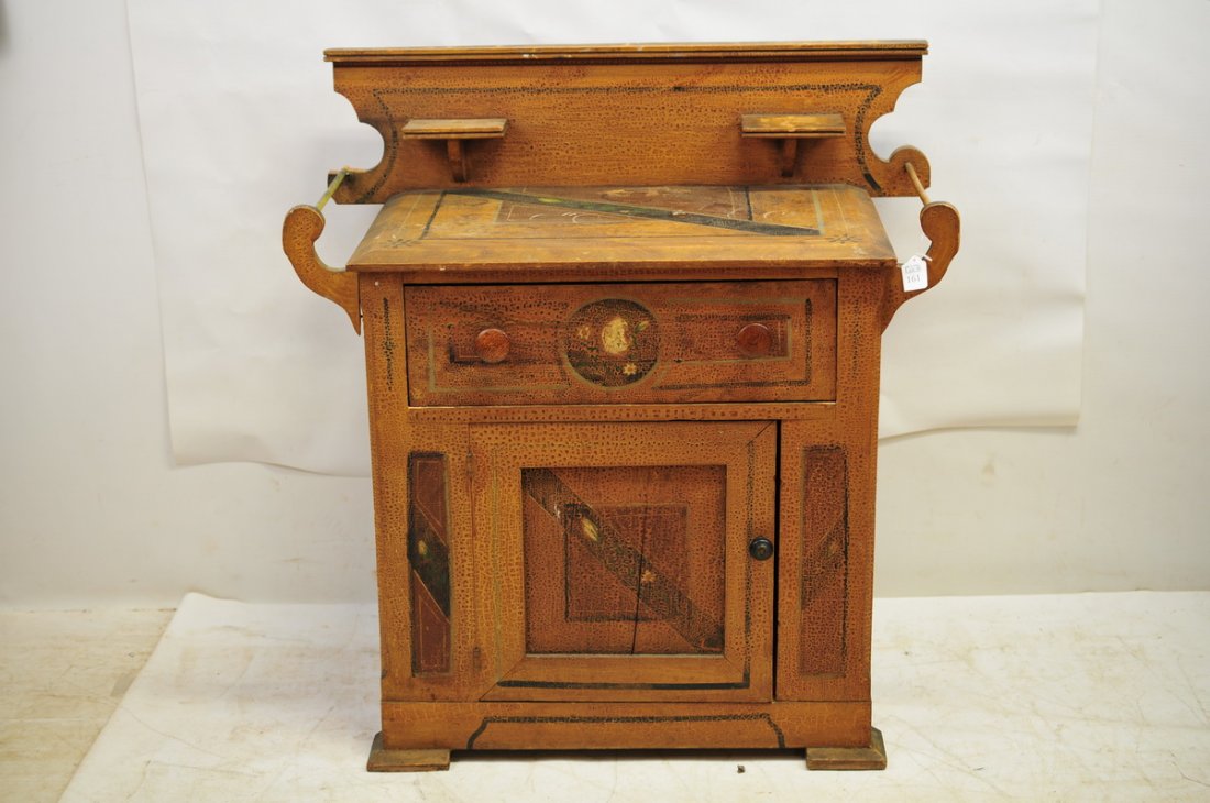 Antique cottage pine commode: With back splash, towel rack in distressed condition 35x33x17
