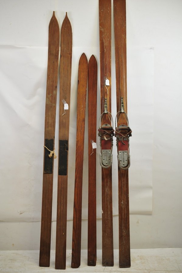 Three sets of wooden skis: Three sets of wooden skis