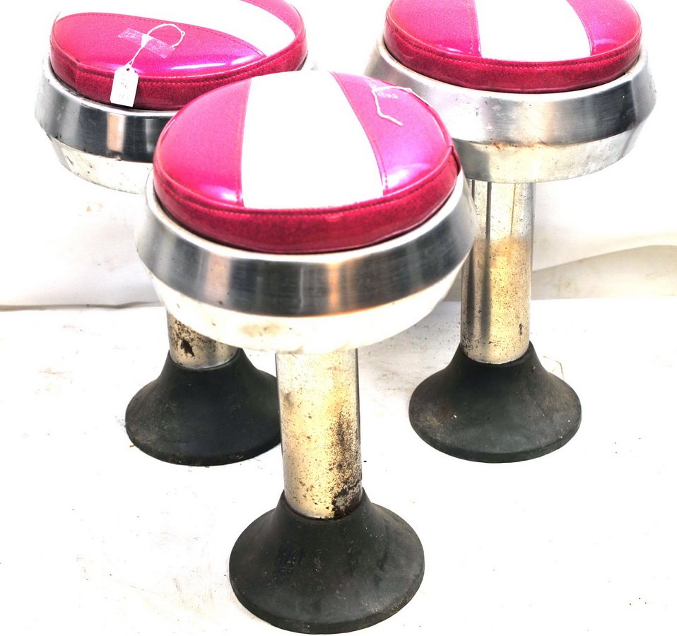 Three Vintage Deco Bar Stools: Chrome