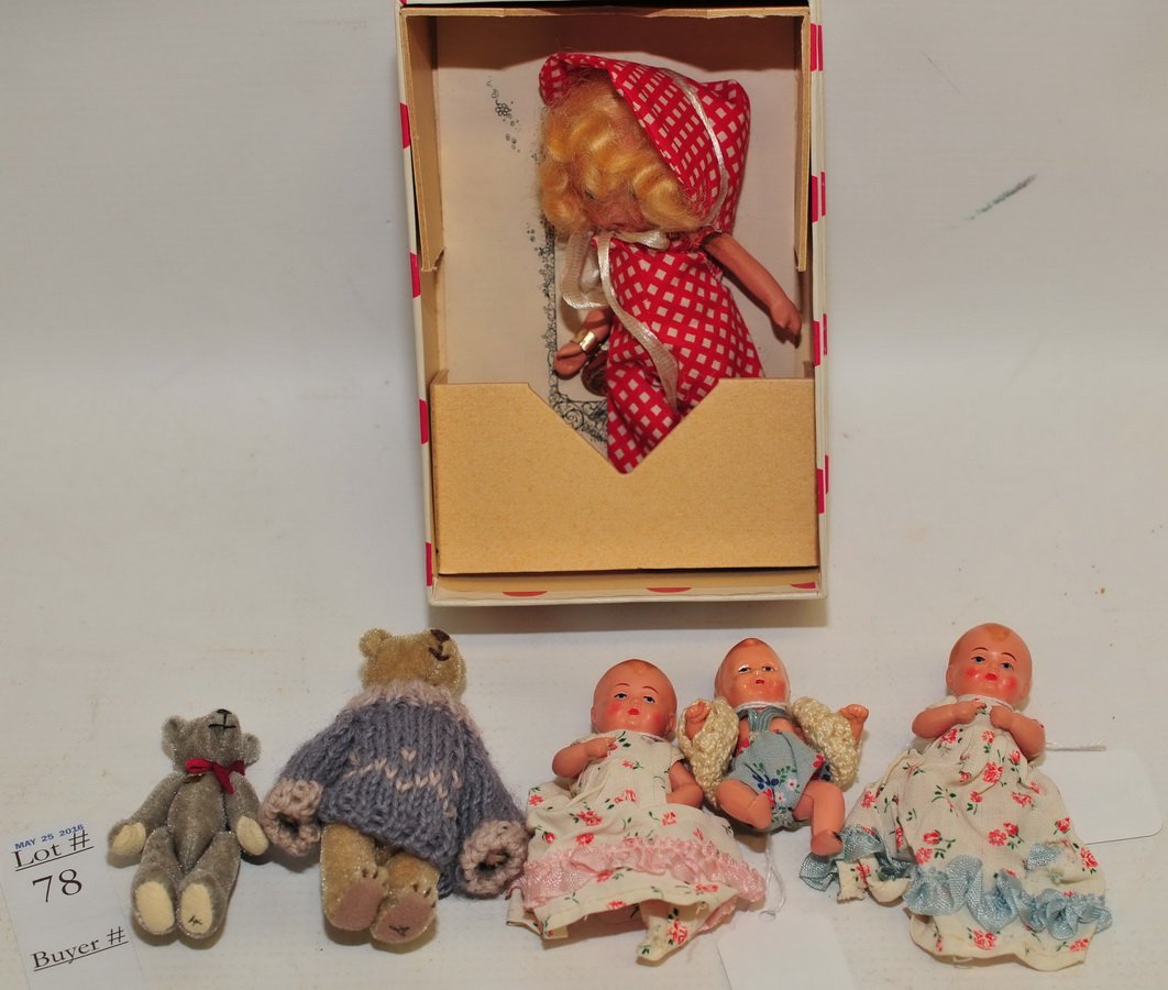 Collection of Antique Mini Dolls: Celluloid German Dolls, MIni Bears and Margie Ann in Original Box