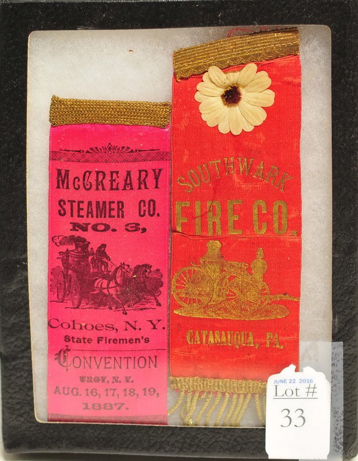 Pair of 1880's Fire Department Ribbons: McCreary Steamer Company Number 3 Convention Troy NY August 1887 and Southwark Fire Company Catasauqua PA, each measure 6"