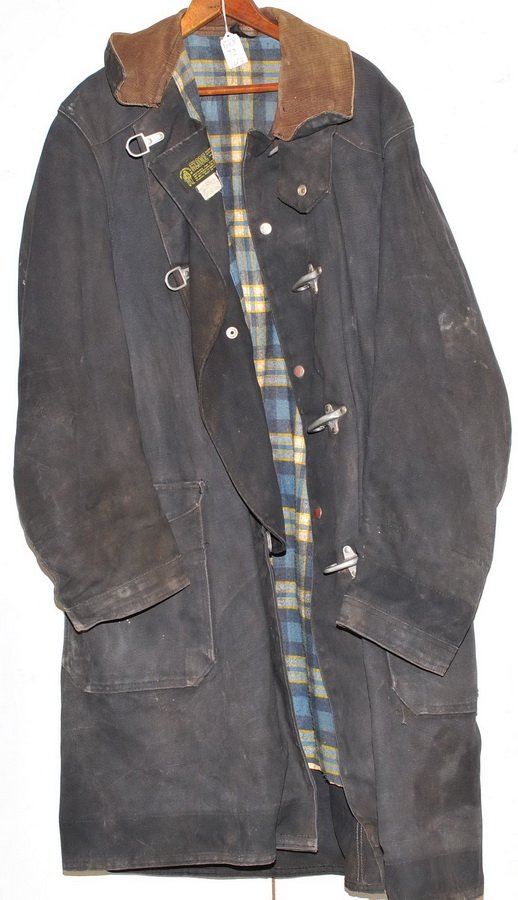 Three Vintage Fireman Jackets: Two Marked with insignia S.F.C.O and Stroud, one unmarked is size 42, others are likely size 44