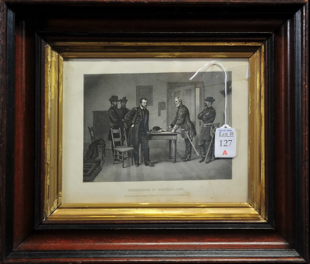 1865 Engraving "The Surrender of General Lee": Nicely Framed 10x8 , Several areas have staining.