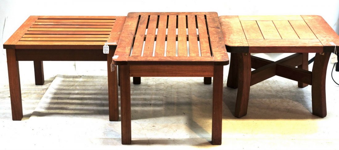 Three Outdoor Tables: Possibly teak, 35", 23" and 22", made in Malaysia