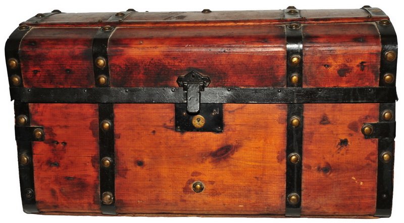Antique Wooden Dome Top Trunk: Wrought Iron and wood construction wall papered interior measures 28x16x15