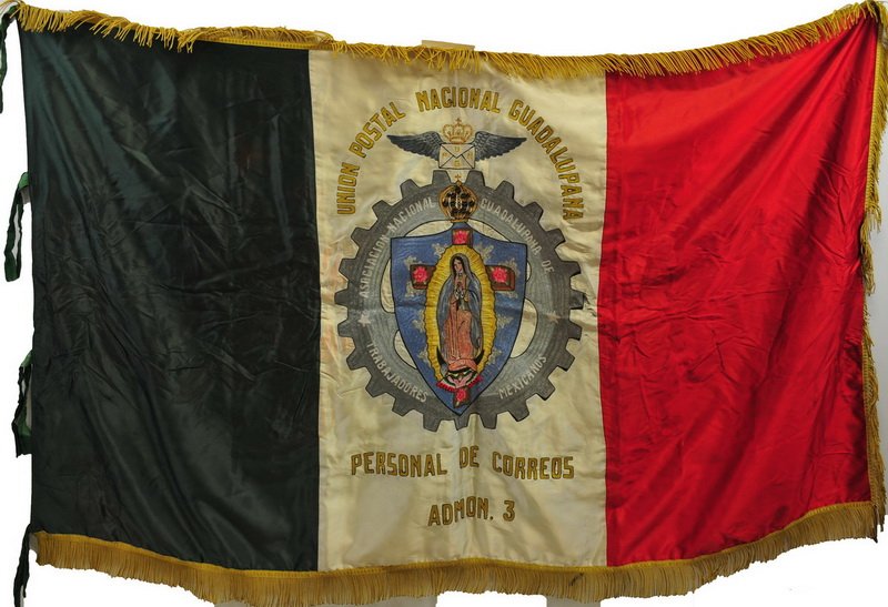 Rare Mexican Postal Union Parade Flag: Two Sided, all hand embossed with National Colors, Guadalupe Virgin, both sides different, with gold fringe and pole ties 38x67