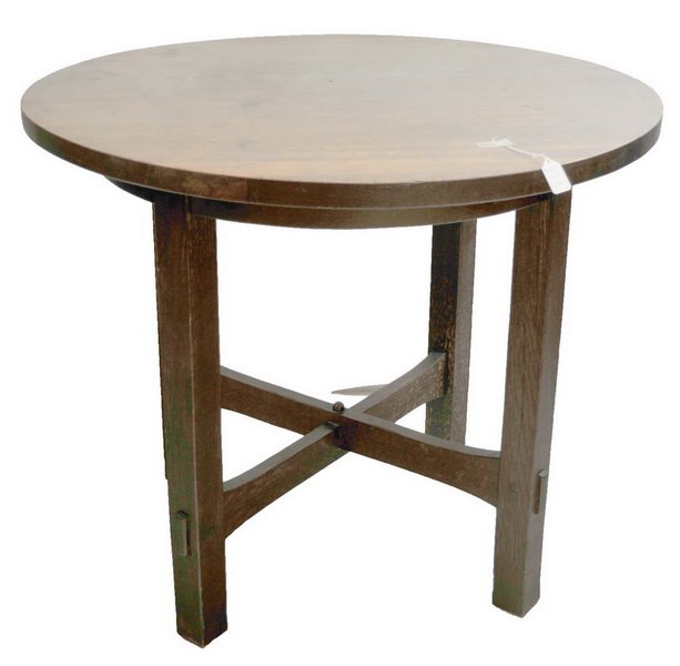 Gustav Stickley Mission Oak Table: Has the early 1902-1903 Mark underneath "Stickley in the box" decal, quarter sawn oak, 36" top, measures 30" tall, pegged cross piece construction, original finish, excellent antique mission oak piece