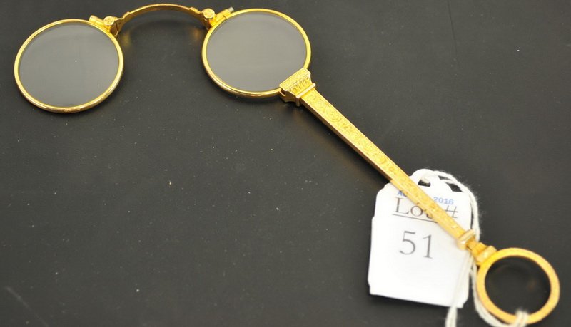 Antique 14Kt. Gold Lorgnette Folding Glasses: Art Nouveau Design circa late 19th century early 20th century, unknown maker, likely sold by HJ Rowl of Syracuse NY, 30 Grams of 14kt. measure 6", signed 14Kt. under nose bridge, with original case