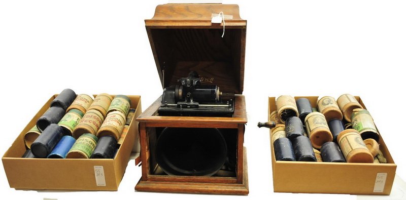 Edison Cylinder Player With over 50 Cylinders: EDISON Cylinder player in damaged oak case with over 50 cylinders