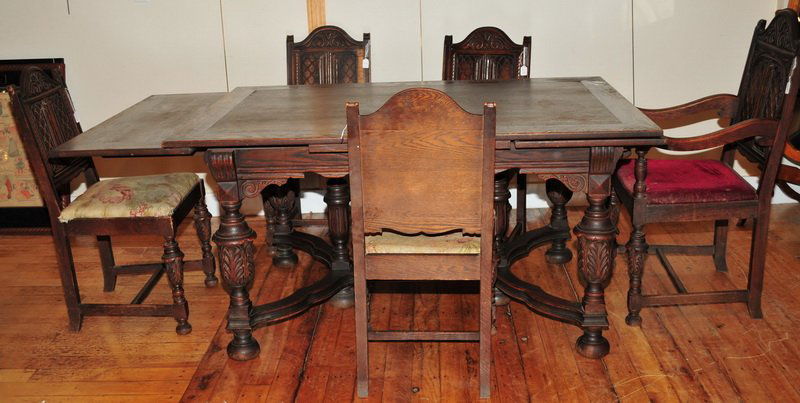 Antique English Oak Dining Table and 5 Chairs: Table Measures 60x40x30, the chairs are 4 side chairs, 1 arm chair and measure 38x19