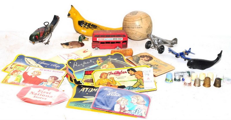 Vintage Estate Collectibles and Toys: 1927 Tin Litho Windup Bird, works great, Metal Bird Figure, Two Metal Airplane Toys, Harwood Playground Softball, Budgie Bus Toy, Thimbles, 13 sewing needle displays with great graphics