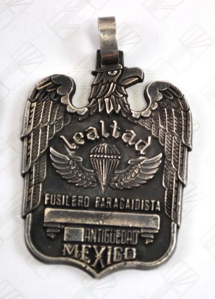 WWII Mexican Army Pins/Medals: Mexican Army Paratrooper Neck Medal Sterling silver 24 grams or .75 OZT, and post war Navigator Wing