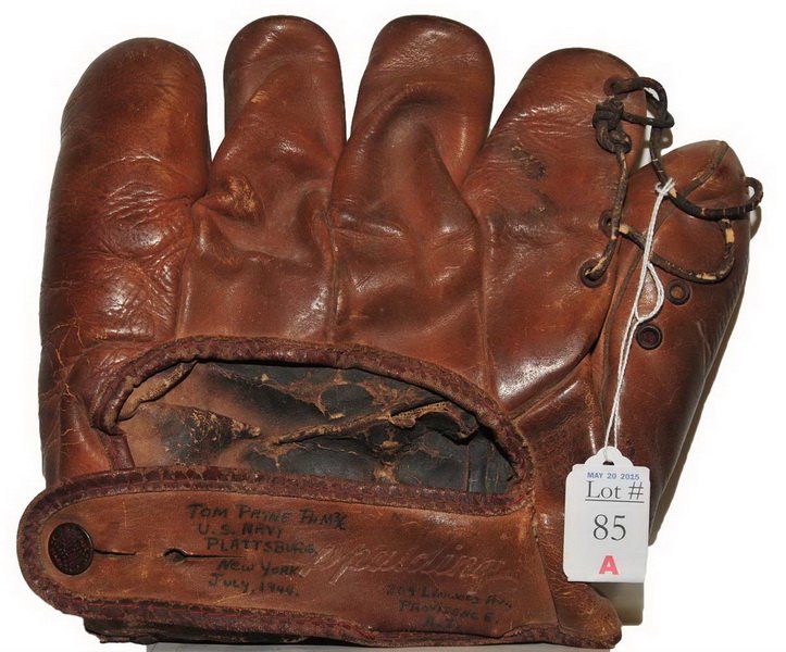 1944 US Military Baseball Glove: US Navy Plattsburg New York, Spaulding Model Glove.
