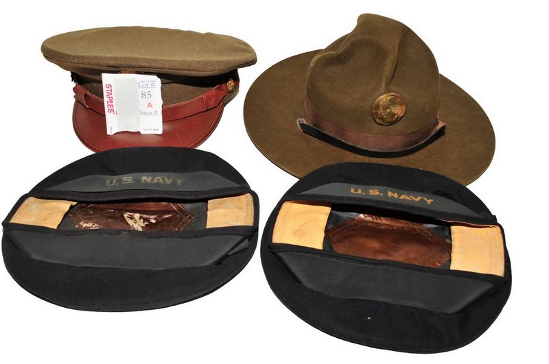 Four WWII Era Hats: US Army Drill Instructors Hat, US Army OD Saucer Hat, Two US Navy Dress Blue Caps with Navy Bands