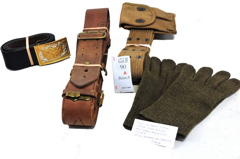 WWI and WWII Items, Belts, Gloves Etc.: WWII Officers Belt and Buckle Medical Corps, WWI Brown Bess Officers Belt Set 1917, WWII Pistol Belt with ammo pouch, WWII US Army Nurse Issue Wool Gloves with name and SSN