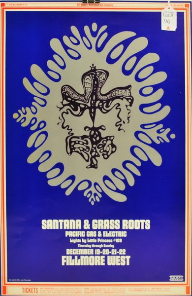 1968 Original Santana Fillmore Concert Poster: Bil Graham Presentation , signed by artist Wes Wilson measures 21x14 in excellent condition