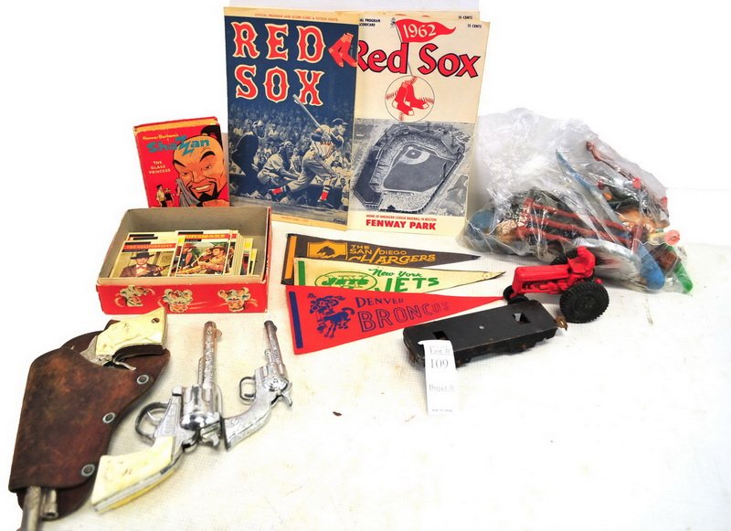 1950's Toys and Cards: Estate lot as found with 60 TV Western Cards, mini pennants, Three Red Sox Programs 1959 and 1962, assorted toys with cap guns