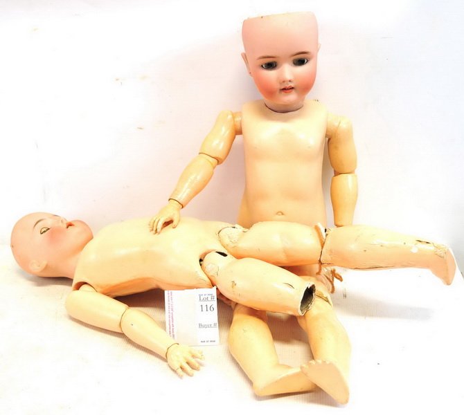 Two Unclothed German Antique Dolls: Bisque Head Handwerk Simon and Halbig 69-12X and Germany Queen Louise Doll, both have composite bodies, both bodies have damage, heads are in good condition