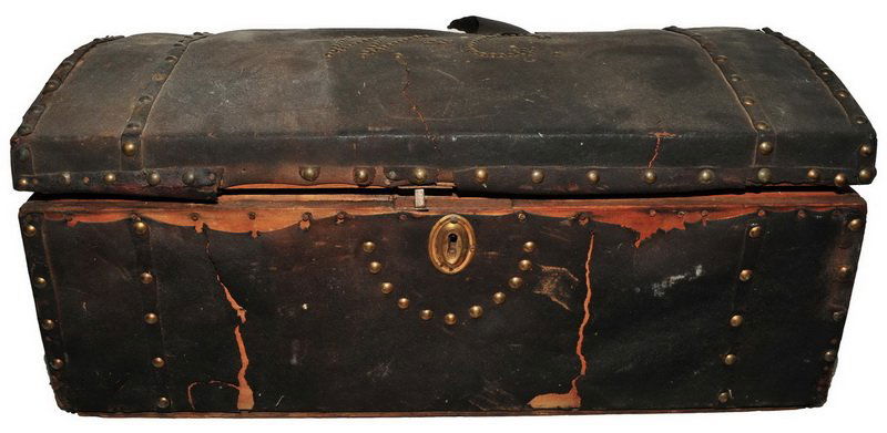 Antique Leather Covered Dome Top Box: Brass Button adorned and owners initials adorned with brass buttons on the cover "WG", wood construction, measures 24x13