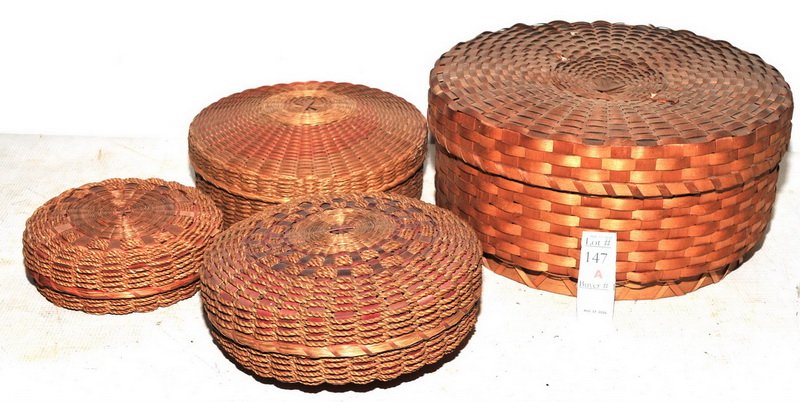 Four Antique Covered Sewing Baskets: Smallest is 6" largest is 12"