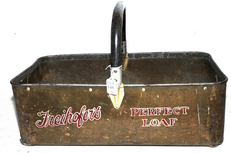 Vintage Freihofers Bread Delivery Ad Piece: Metal construction with handle, brass finish, hand painted and measures 22x13