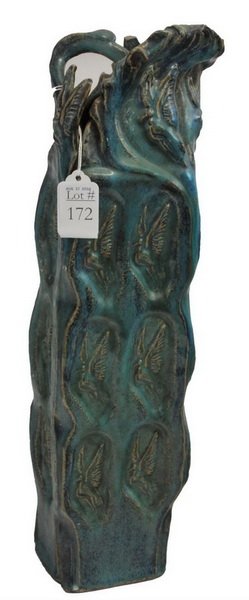 Elinor Marvin Art Pottery Vase 17": Signed under ELI, with bird motifs and green glaze