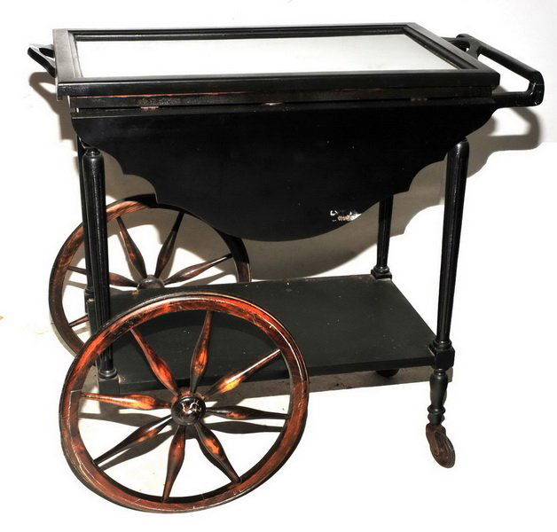 Vintage Tea Cart: Painted black, glass top 31x33 open by 28 High