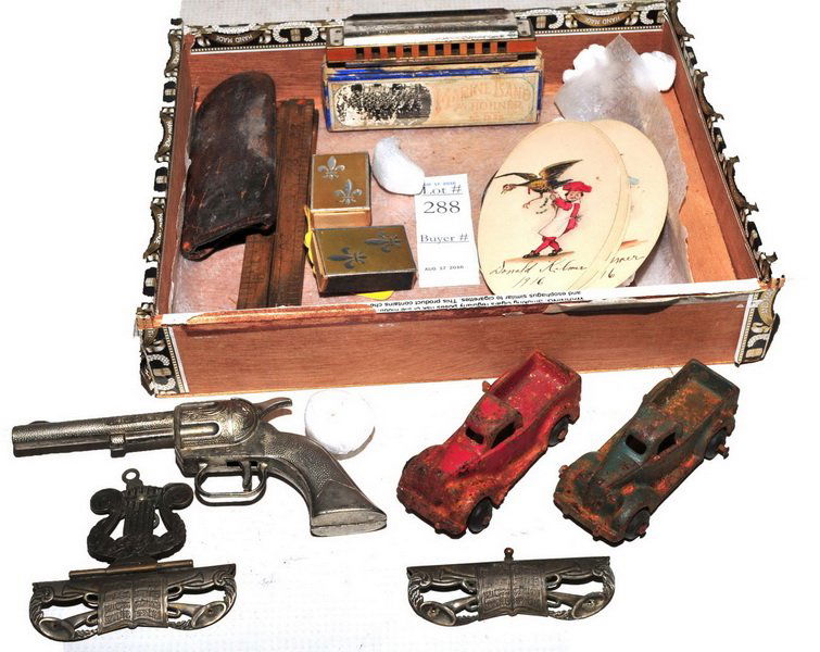 Estate Toys, Hubley Cap gun, Harmonica: Arcade cars, Marine band Harmonica, Ruler, Coney Island Token and more