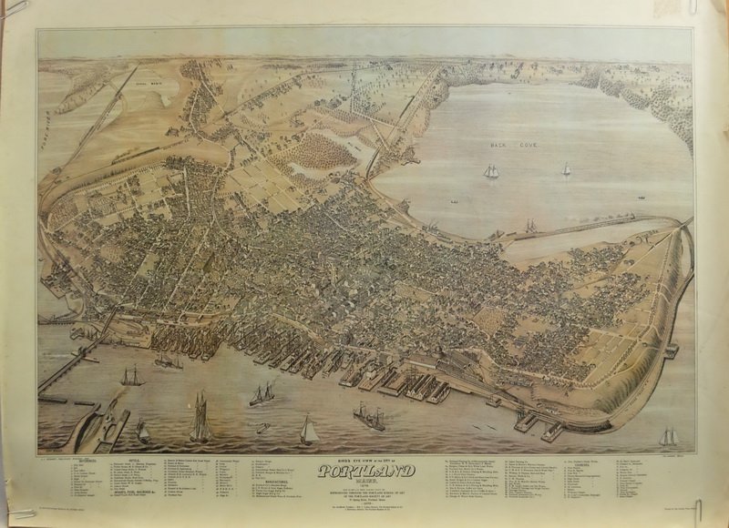 Bird's Eve View of the City of Portland Me 1876: Bird's Eve View of the City of Portland Maine 1876 Print. Copyrighted 1976 The Portland Shool of Art Portland Maine. Printed by The Leether Press, Boston Mass.