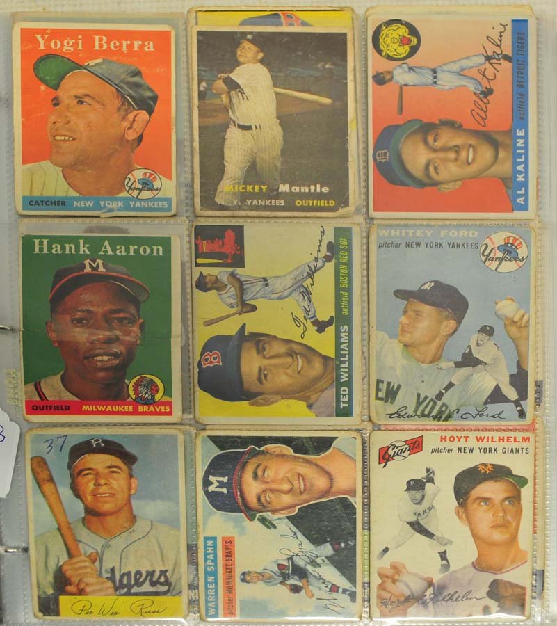 174 Baseball Cards Bowman and Topps 1951-58: Fair to EX Condition, loaded with stars, Yogi Berra, Al Kaline, Pee Wee Reese, Warren Spahn, Mickey Mantle,Hank Aaron, Ted Williams, Whitey Ford, Don Zimmer, and much more
