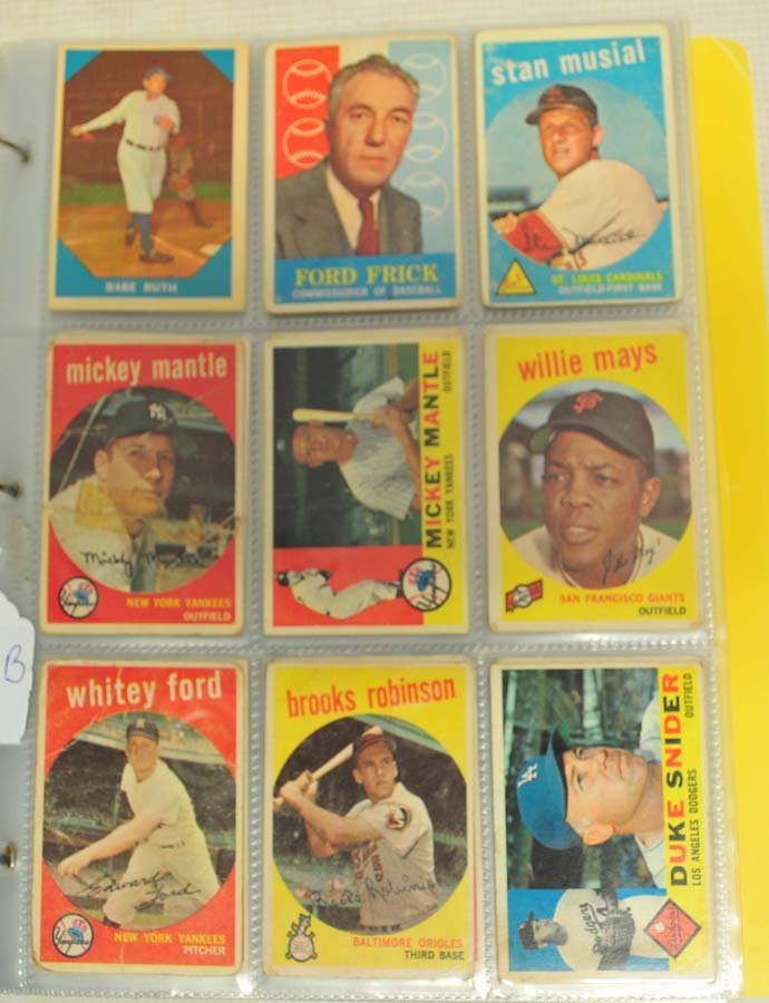 185 1959 and 1960 Topps and Fleer Baseball: Fair to excellent condition, loaded with stars like Mickey Mantle, Willie Mays, Whitey Ford, Babe Ruth, Ty Cobb, Stan Musial, Brooks Robinson, Casey Stengel and more