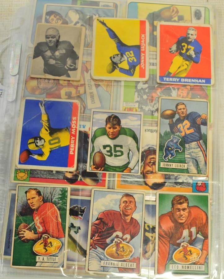 46 Football cards 1948-1964: 1948 Leaf, 1949 Bowman, 1951 Bowman, 1955 Topps All American, 1956 Topps and more, players include, Johnny Lujack Rookie, YA Tittle, (3)Frank Gifford Rookie, Pat Summerall Rookie, George Blanda, Lenny
