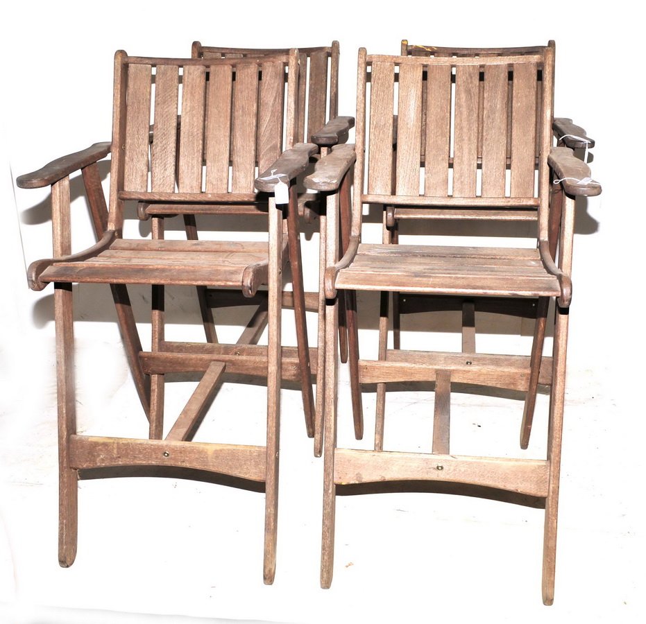 Teak Outdoor Furniture Set: Four Bar stool with arms 44", 44" Round Teak table, base needs repair