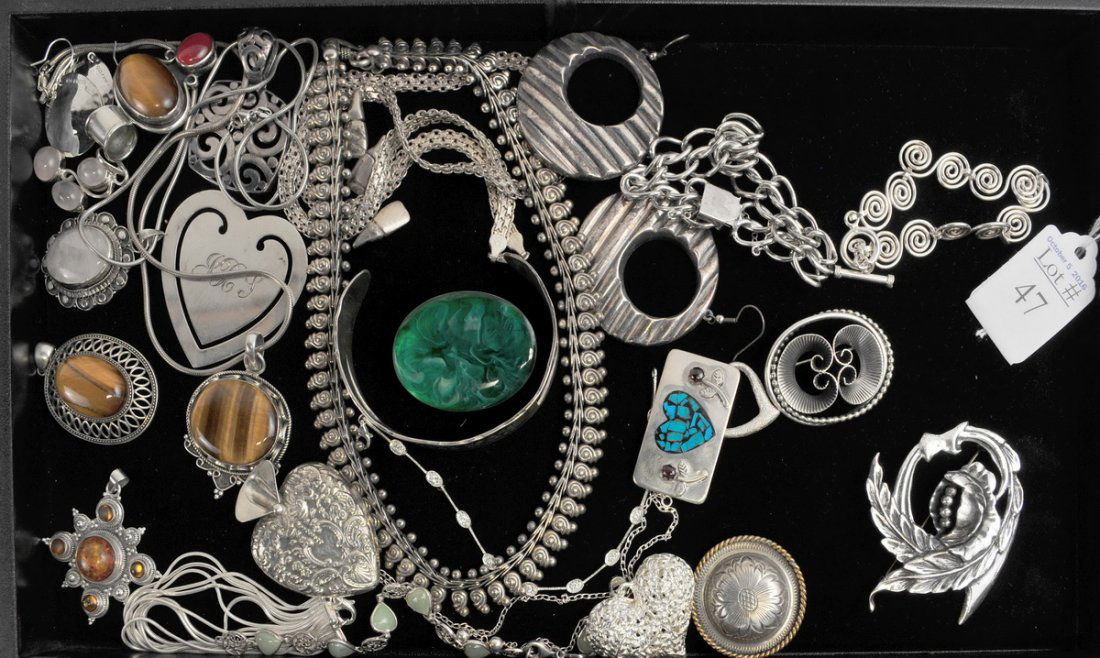 Sterling Silver Jewelry lot 20.4 OZT: Sterling Silver Jewelry lot 20.4 OZT. Including Bracelets, Pins, Rings Necklaces and other Items. Heart shaped bookmark signed Tiffany & Co sterling, pendants marked Mexico CII 925 , Trebor sterling c