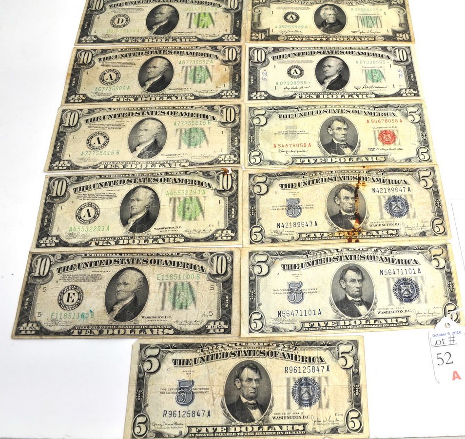 Paper Money Lot Small Size $100 Face 5's 10's and0: Paper Money Lot Small Size $100: $20 1950 Green seal, 5-$10 1934's Green seal, $10 1950-B Star Note Green seal, 3-$5 1934 Silver Certificates Blue seal & $5 1963 Red seal note.
