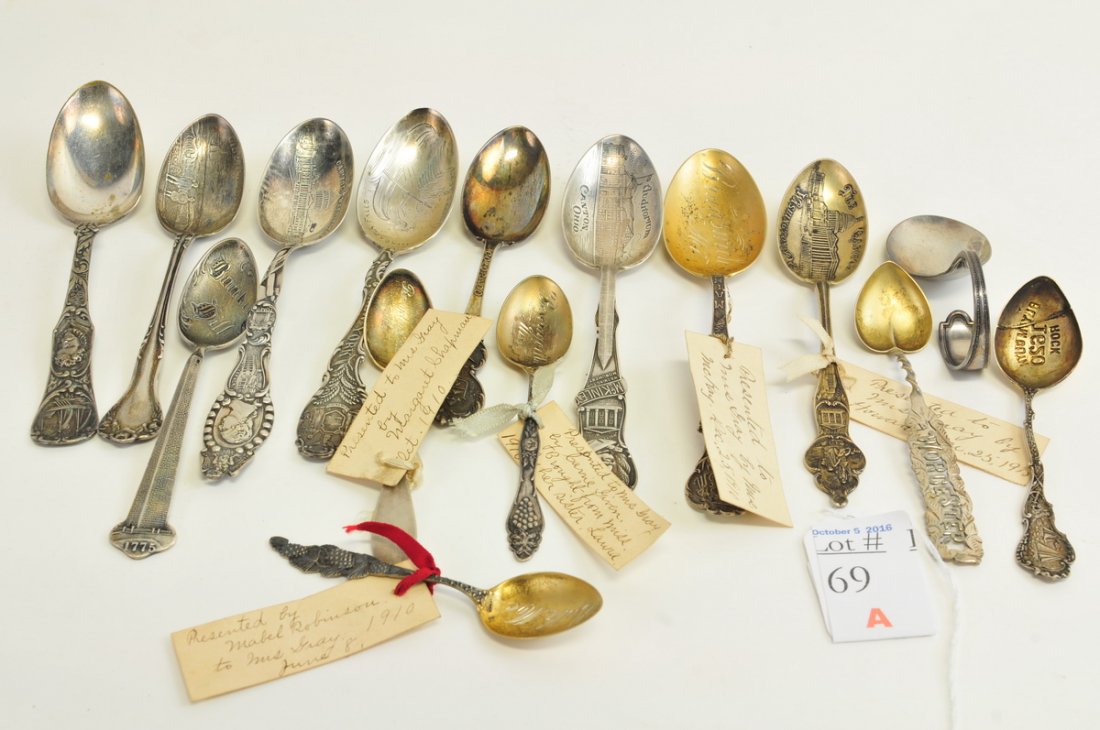 15 Sterling Silver Souvenir Spoons 7.80 OZT: Baby Spoon, US Capital, World Fair, and many other, nice antique lot