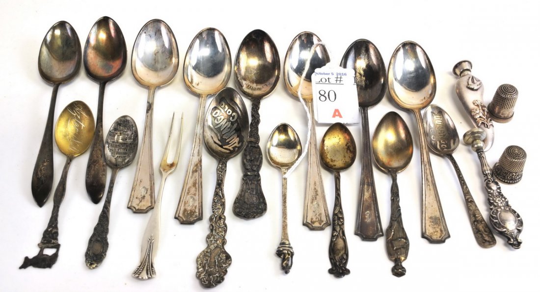 20 Pieces of Sterling Silver 9.55 OZT: Perfume bottle, Spoons, Thimbles and more