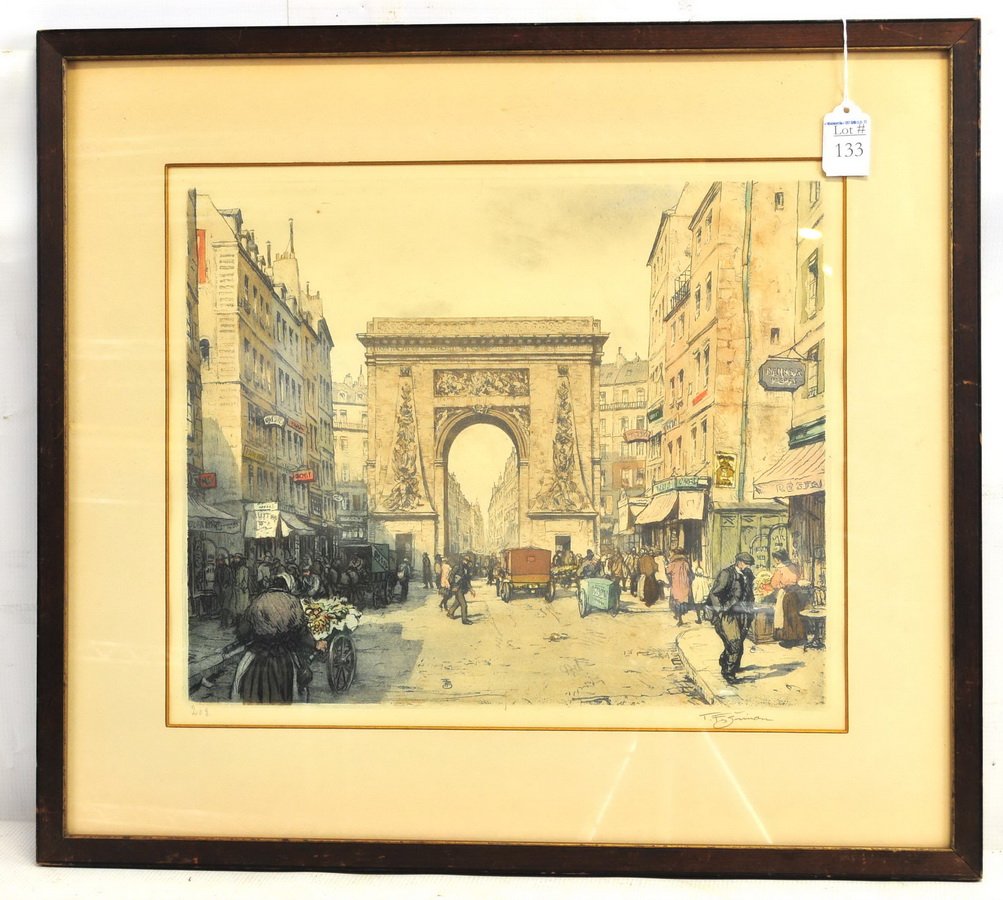 TF Simon Etching in Color: " Rue St. Dennis-Paris" 16x13, F. Denks Gallery Label