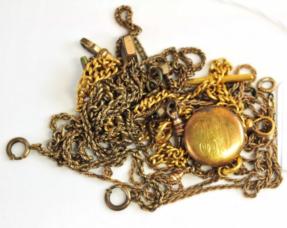 Antique Gold Filled Watch Chains: 18"-24" on average, one with locket, 5 total